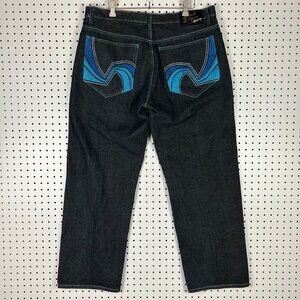 Black Lacquer Y2K Embroidered Jeans 38x31‎ Skater Punk Streetwear Black Goth 90s